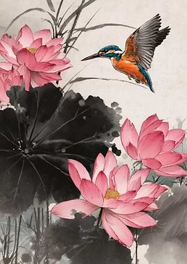 Kingfisher and Lotus Flowers