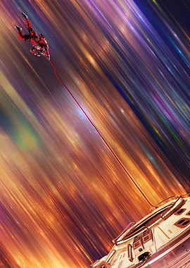 Astronaut tethered in abstract space