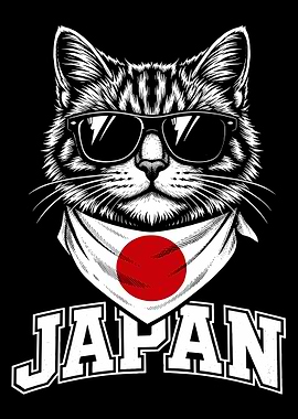 Japan Cat Poster, Cool Sunglasses Cat Art, Japanese Flag Bandana Wall Print