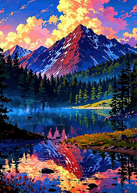 Vibrant Mountain Lake Sunset