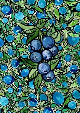 Watercolor Blueberries and Leaves Pattern