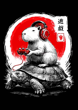 Capybara Gaming Poster, Japanese Style Animal Art, Turtle Rider Aesthetic Wall Print