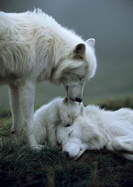 Mother Wolf Tends to Sleeping Cub