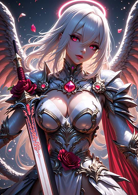 Anime Angel Warrior with Sword and Roses