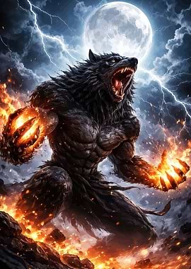 Werewolf with fiery hands under lightning