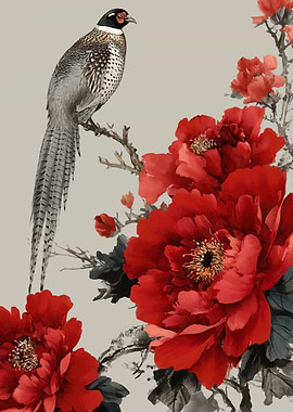 Pheasant and Red Peonies