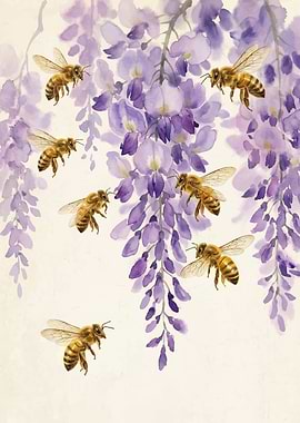Bees and Wisteria Flowers