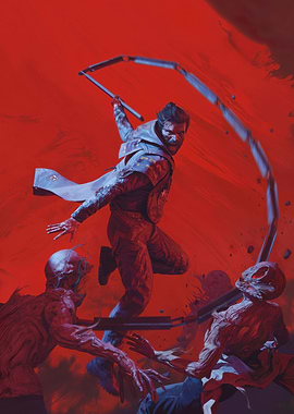 Man fighting zombies with chained weapons