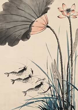 Lotus Flowers and Shrimp Painting
