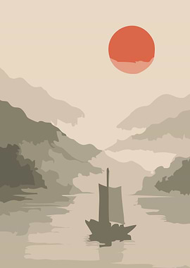 Serene Mountain Riverboat at Sunset 11 Wooden Boat