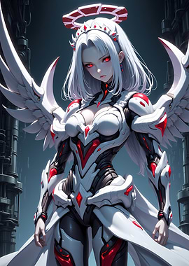 Anime Angel Warrior in White and Red Armor