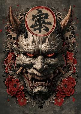 Japanese Oni Mask with Peonies