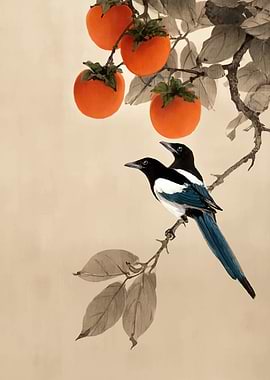Magpies and Persimmons Painting