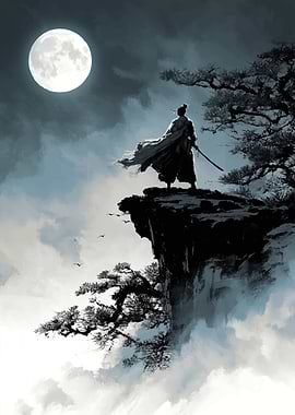 Samurai on Cliff Under Full Moon