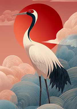 Red-crowned Crane and Sun