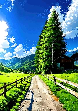 Anime Landscape with Dirt Road and Mountains