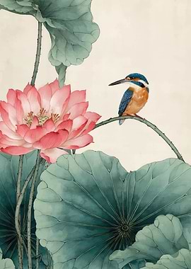 Kingfisher on Lotus Branch