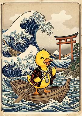 Duck in a Boat with Great Wave