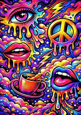 Psychedelic Drip Art with Eyes, Lips, and Peace Sign