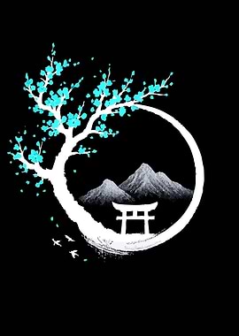 Japanese Torii Gate and Cherry Blossoms