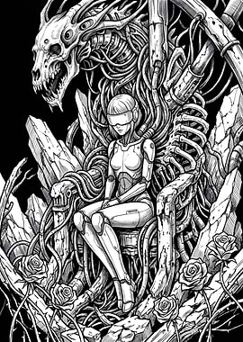 Cyborg on a throne with a skull