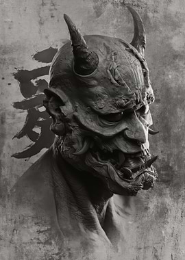 Demonic Oni Mask with Japanese Calligraphy