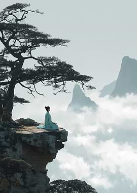 Woman meditating on a cliff