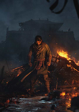 Warrior in a burning landscape