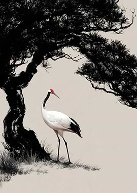 Crane under a Pine Tree