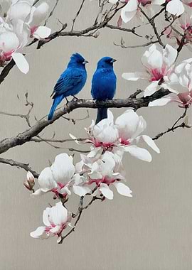 Two Blue Birds on a Branch with Magnolias