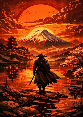 Samurai at Mount Fuji Sunset