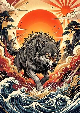 Fierce Wolf in Japanese Art Style' Poster, picture, metal print Fierce Wolf in Japanese Art Style' Poster, picture, metal print