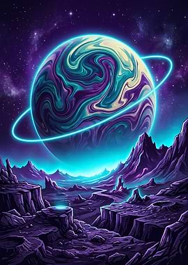 Alien Planet Landscape with Ringed Planet