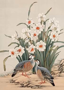 Two Partridges with Daffodils