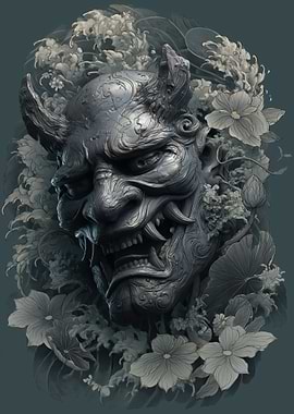 Japanese Oni Mask with Flowers