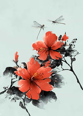 Watercolor Hibiscus Flowers and Dragonflies