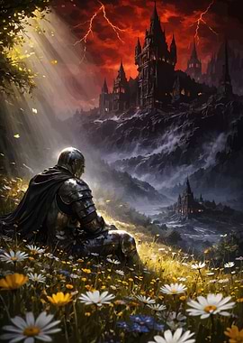 Knight Gazes at Castle Under Stormy Sky