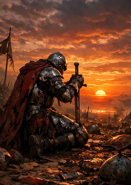 Knight kneeling in a battlefield at sunset