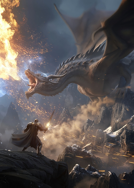 Knight Battles Dragon in Mountains