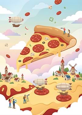 Whimsical Pizza Landscape with Airships