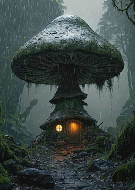 Enchanted Mushroom House in the Rain