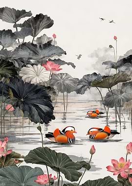 Mandarin Ducks and Lotuses in a Pond