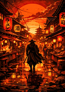 Samurai in a Japanese Market at Sunset