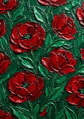 Red Poppy Floral Impasto Art