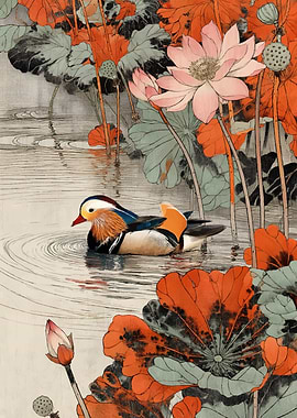 Mandarin Duck in a Lotus Pond