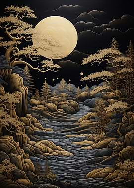 Golden Moonlit Japanese Landscape
