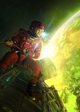 Astronaut on a spaceship near a planet