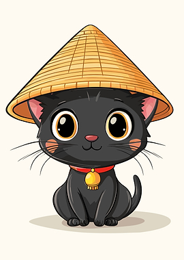Cute Black Cat Wearing a Chinese Conical Hat