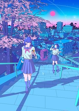 Anime schoolgirls on steps with cherry blossoms