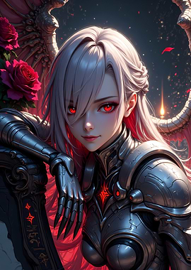 Anime Knight with Red Eyes and Roses